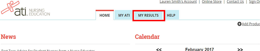 Screenshot of top of ATI Testing Website showing red box around MY RESULTS tab at the top of the page.