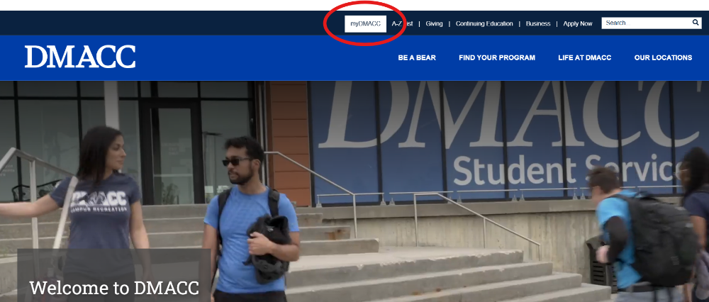 The DMACC homepage. The myDMACC button is highlighted with a circle around it.